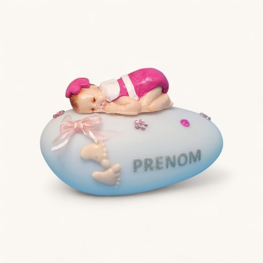 veilleuse galet bébé Veilleuse galet fille  habillage pâte polymère ton fuschia et blanc